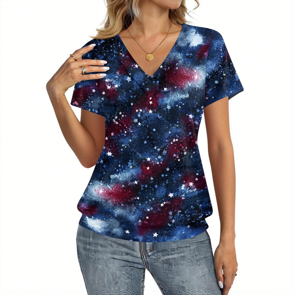 Women's Casual Short Sleeve V Neck Top American Flag Print Lightweight Summer Shirt Comfortable Fit