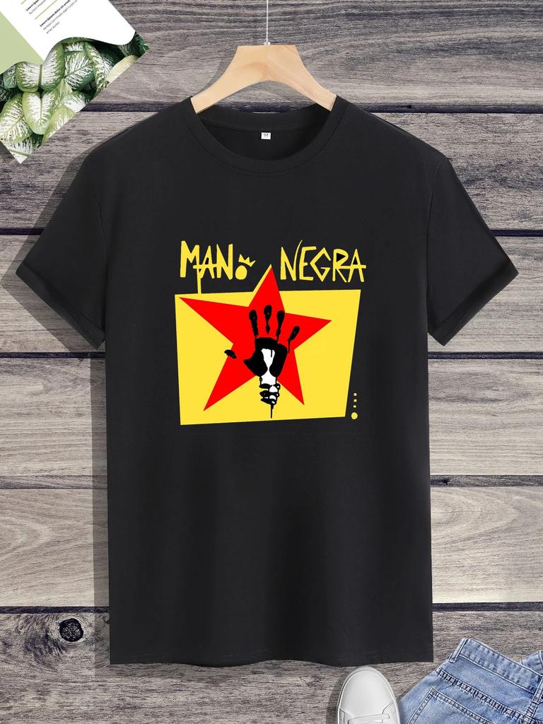 Harajuku Classic Mano Negra Manu Chao Logo T Shirt wide Unisex  Summer O-neck Short-sleev Streetwear