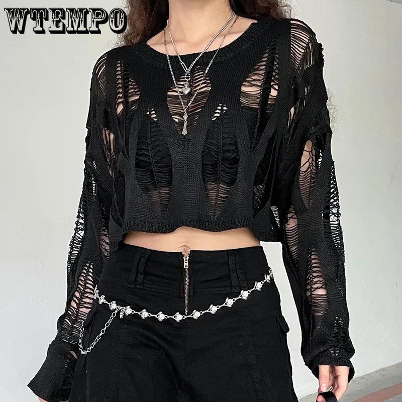 WTEMPO Hollow Out Pullovers Women Black Spring Autumn Sweater Casual Loose Korean Solid Knitwear Streetwear