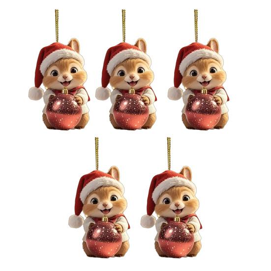 Yousheng Acrylic Squirrel Ornament with Santa Hat 2D Christmas Tree Decoration Festive Hanging Decor for Car Home