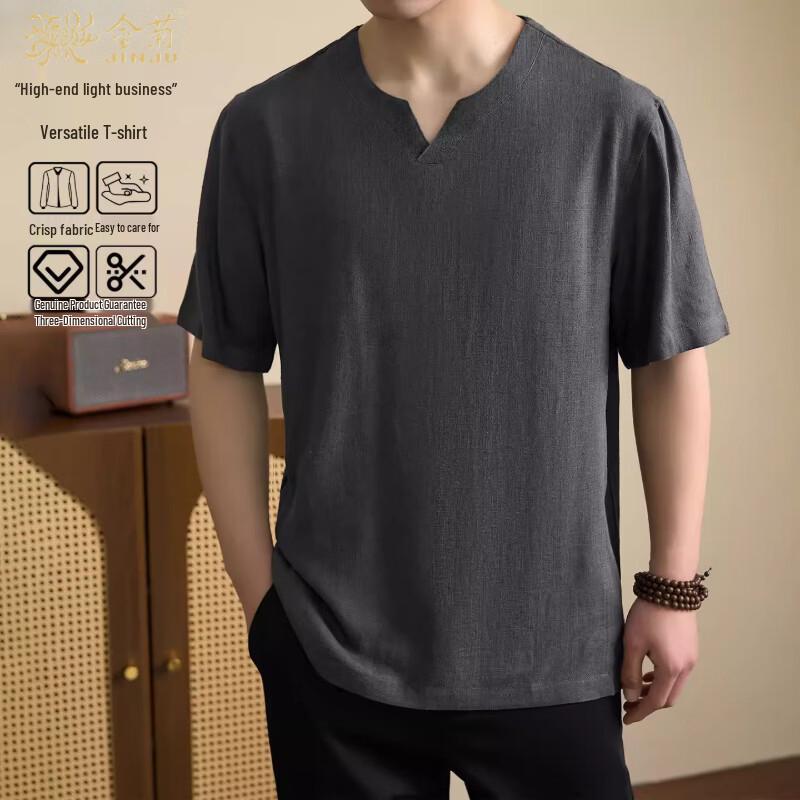 Men's Chinese Style V-Neck Cotton Linen T-Shirt
