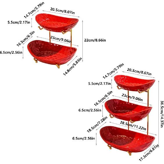 Fruit Plate Fruit Bowl Basket for Kitchen Counter, Multi-layer Ceramic Serving Bowls with Metal Stand, Red Tiered Fruit Basket for Fruit, Vegetable,