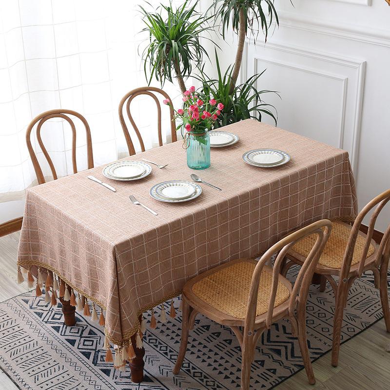 Cotton Geometric Plaid Jacquard Fabric Tablecloth Linen Rectangular Home Decoration Table Cover with Tassel for Banquet Party Nappe