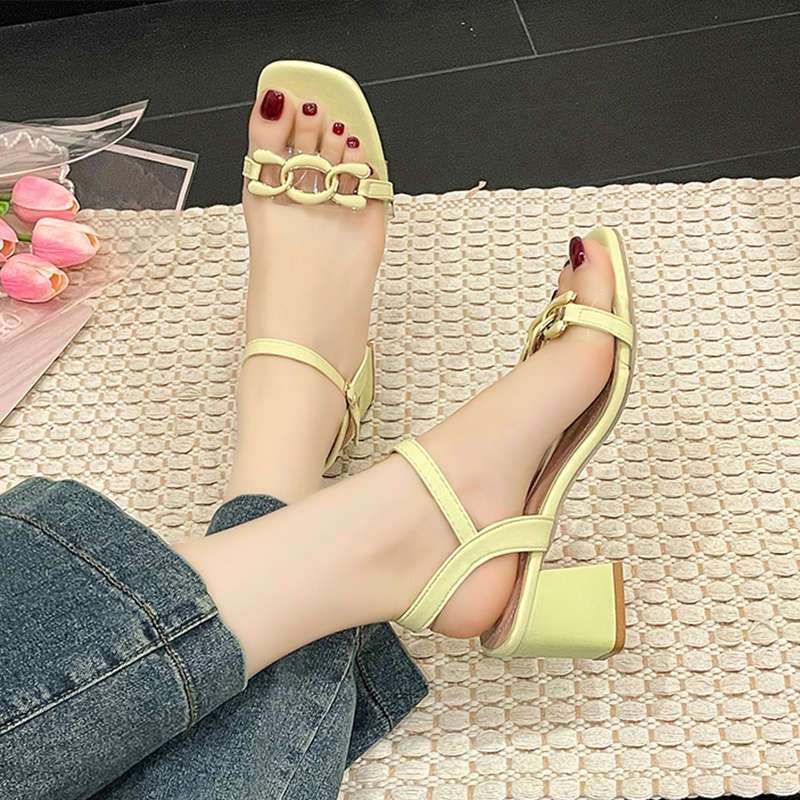 Internet Celebrity Word with Fashion High Heels Sandals Square Head Thick Heel Wear Versatile High Heels Women 2025 Summer New