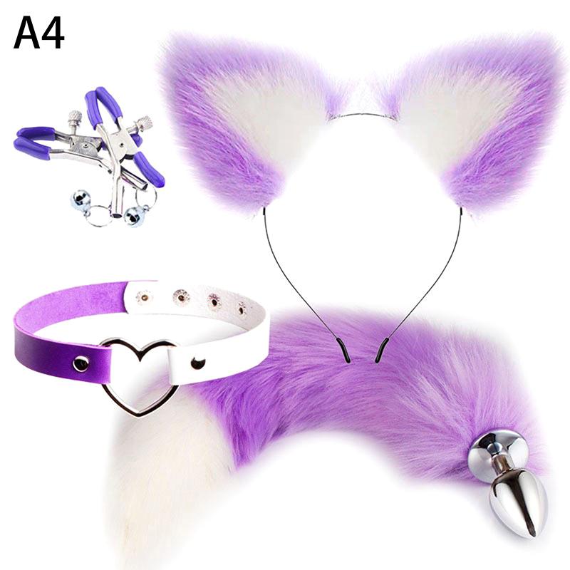 4Pcs Set Cute Fox Butt Tail Collar Anal Plug Nipple Clamp Soft Cat Ears Headbands Cosplay Adult Sex Toys Accessories