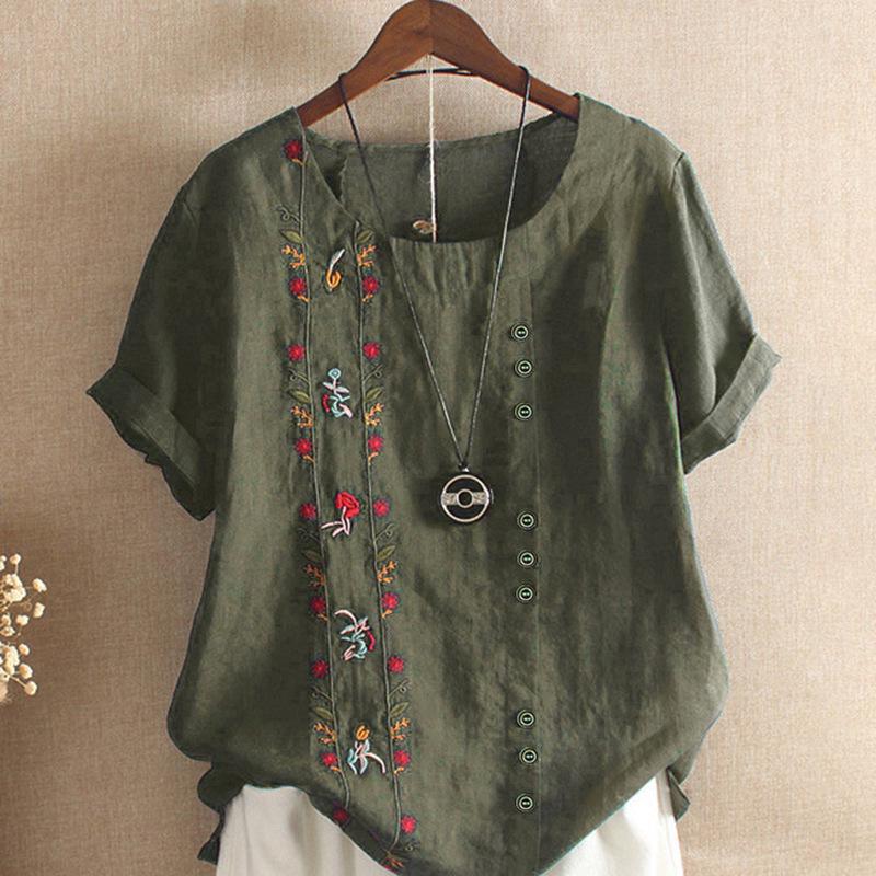 2025 Summer Women's Trendy Embroidered Cotton-Linen Short Sleeve T-Shirt - Korean Fashion