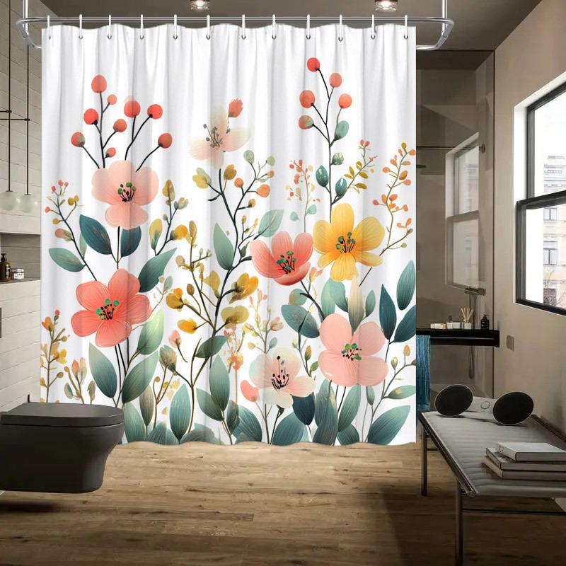 

1 яркая акварельная цветочная шторка для душа с крючками, бледно-розовая, персиковая, желтые цветы и зеленые листья, полиэстеровая ткань 90X180cm