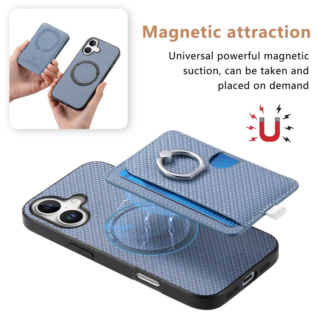 For iPhone 16 Case Ring Kickstand Leather Back Cover with Magnetic Detachable Card Holder