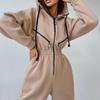 Women Autumn Winter Solid Color Hooded Bodysuit Top with Wide Leg Pants Loose Long Sleeve O Neck Hoodies Suit