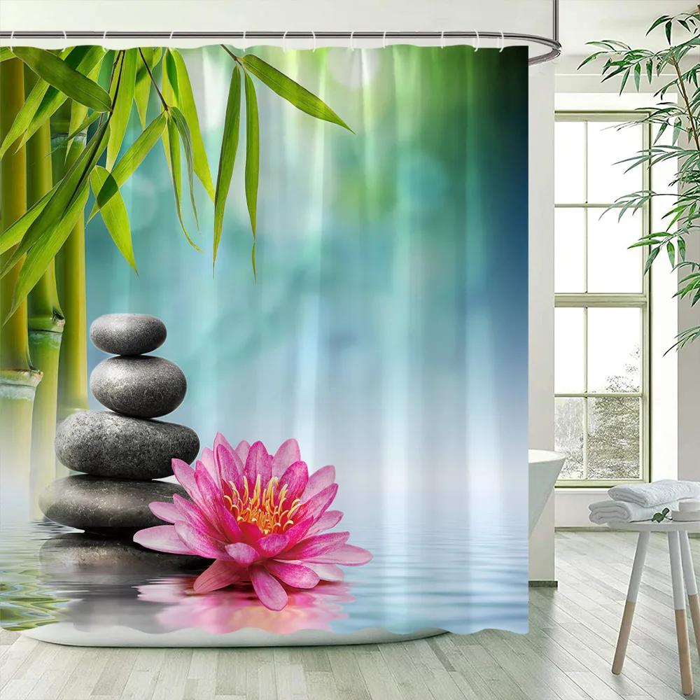 Green Bamboo Zen Shower Curtains Set, Spa Stones and Orchids Flowers Polyester Fabric Bath Curtain with Hooks Bathroom Decor