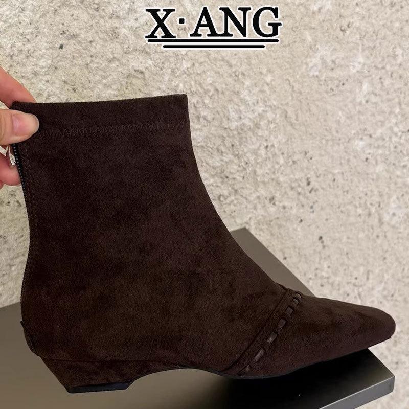 Cowhide version Maillard boots women's elastic thin boots Martin boots women's small square head rear zipper short boots fashion boots