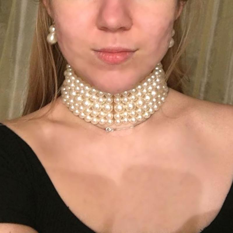 Fashion Faux Pearl Layered Necklace and Earrings Vintage Choker Necklace Jewelry Multi-Strand Pearl Choker Necklaces