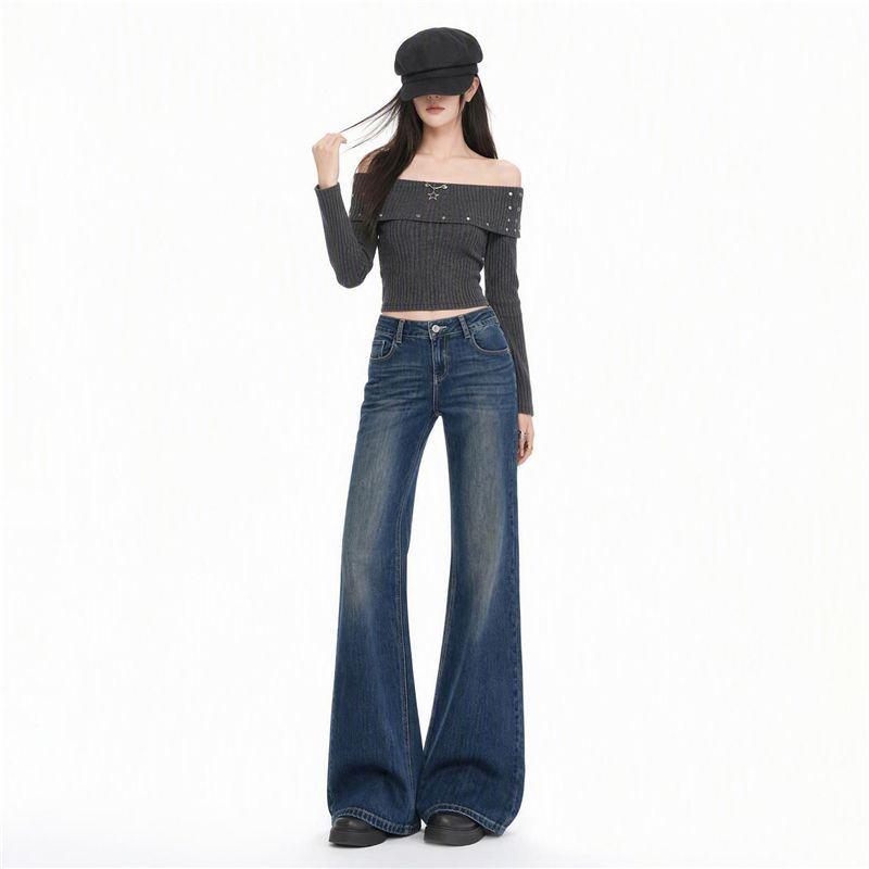Pocket flip slightly pulled jeans women's autumn and winter non-stick legs horseshoe pants elastic high waist thin straight flared pants