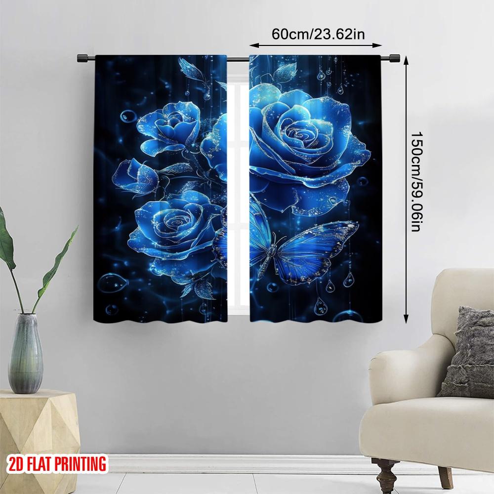 2pcs,2D Plane Printing Curtains Digital Printed Blue Rose Elegance Durable 100% Polyester Fabric (without Rod) Versatile All Use
