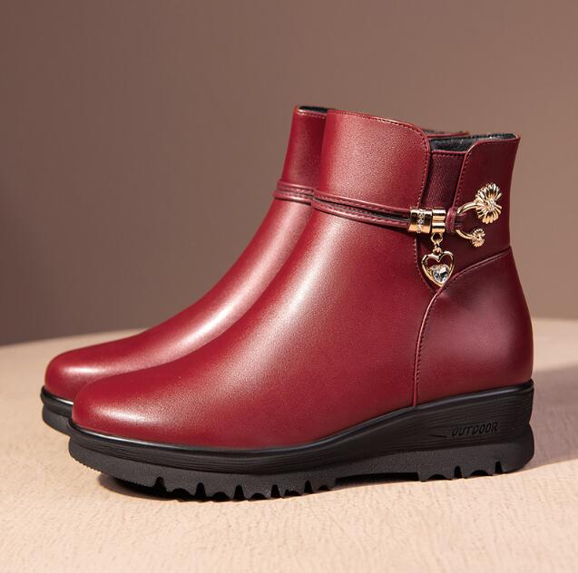 Winter Boots Genuine Leather Wedge Heels Women Snow Boots Famale Non-slip Warm Fur Ankle Boots Women's Casual Flat Shoes
