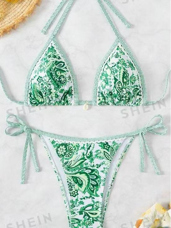 

Сине-белый фарфоровый принт, купальник бикини без спинки с бесплатной доставкой - тренд 2025 года Small зелёный