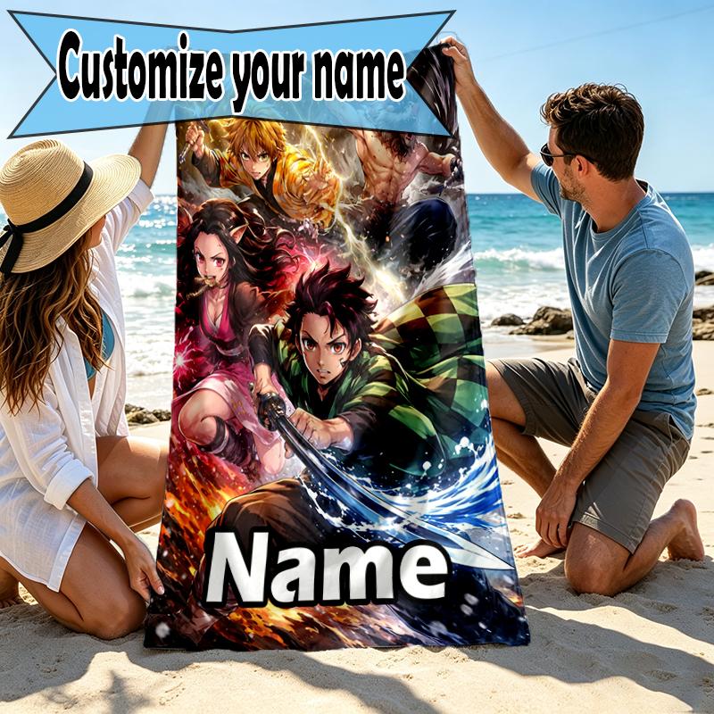Custom Name Personalized Demon Slayer Print Beach Towel, for Trip Camping Beach Party Home Decor, Birthday Gift for Family & Friends