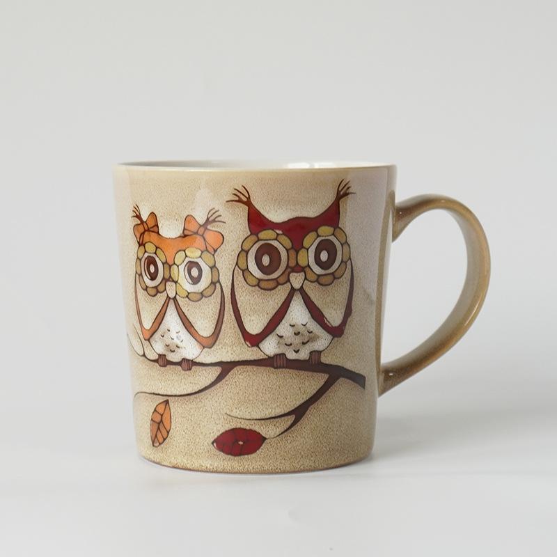 Vintage Owl Ceramic Mug Large Capacity V Shape Coffee Cup Ins Style Forest Theme