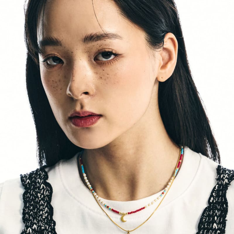 S SY [SET] Cherry Gold Turkey Stone & Gold Daisy Necklace