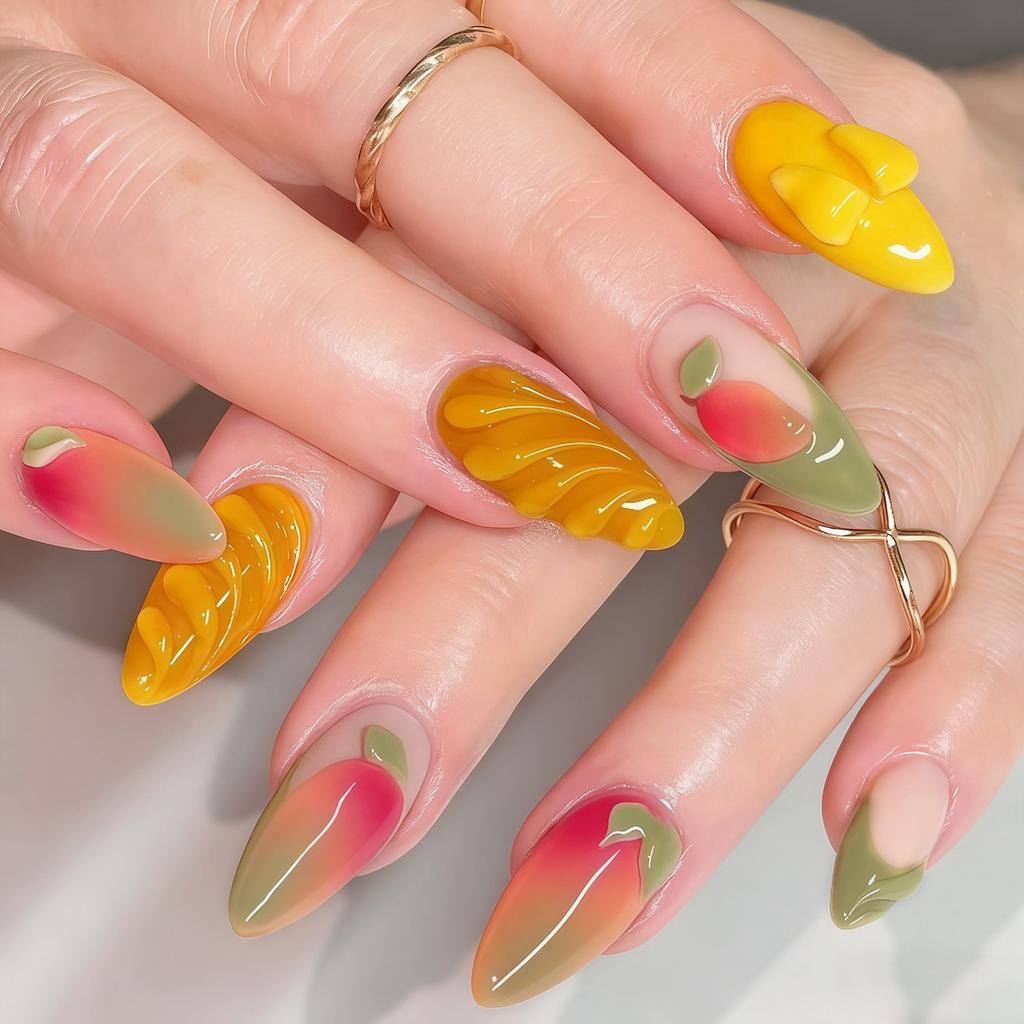 3D Mango Press On Nails 24Pcs Korean Style Artificial Nails with Gradient Green Yellow Design for Daily Party Wedding