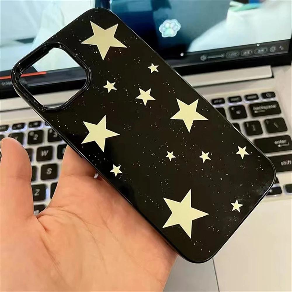 Cool Stars Gloss Black Stylish Ins Phone Case For iPhone 16 15 14 13 12 11 Pro Max XR XS Max 7 8 Plus Y2K Shockproof Soft Cover