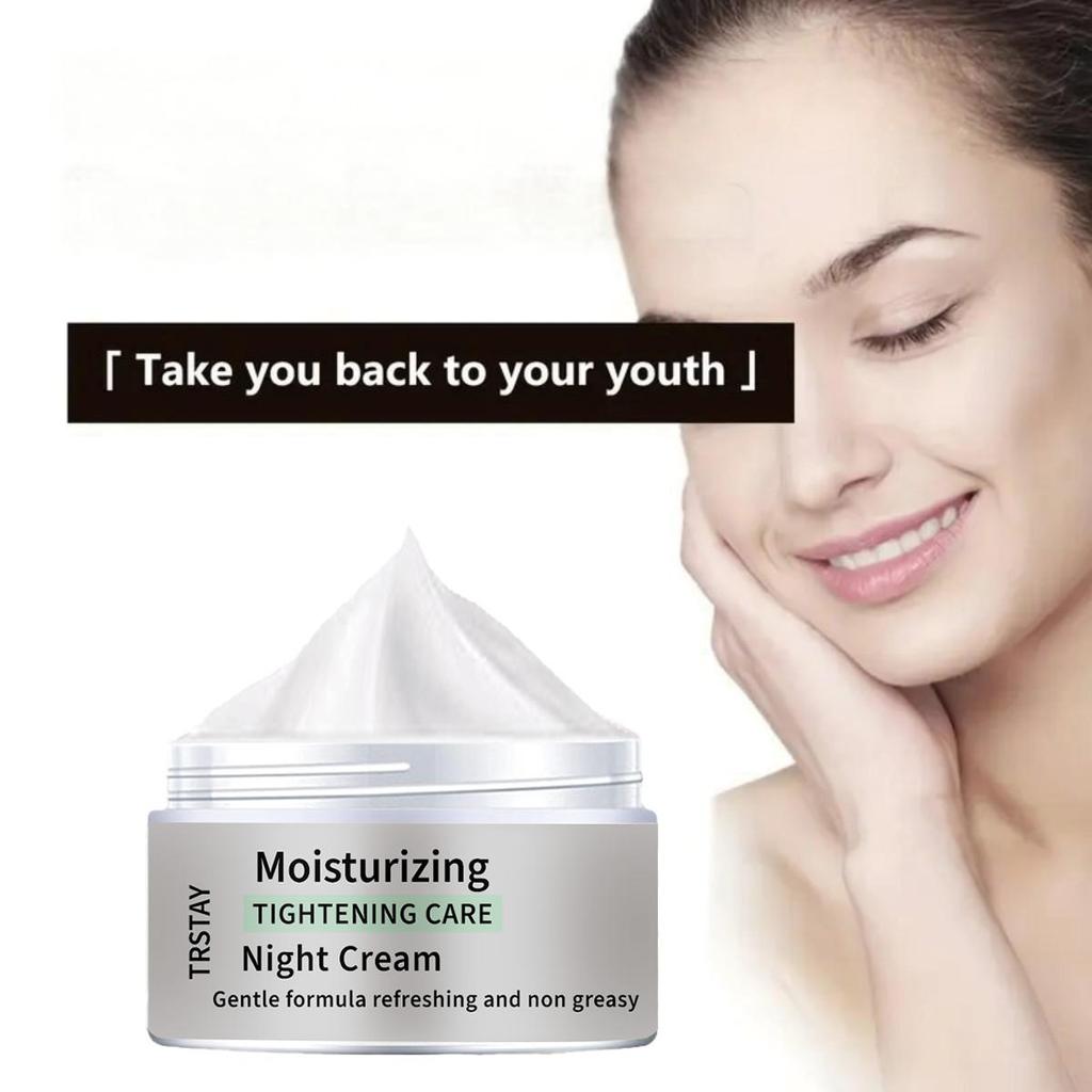 Kollagen-Hyaluronsäure Verbessert die Festigkeit und Hydratation Die Nachtcreme hydratisiert und befeuchtet, pflegt die Haut und macht sie weich und verfeinert