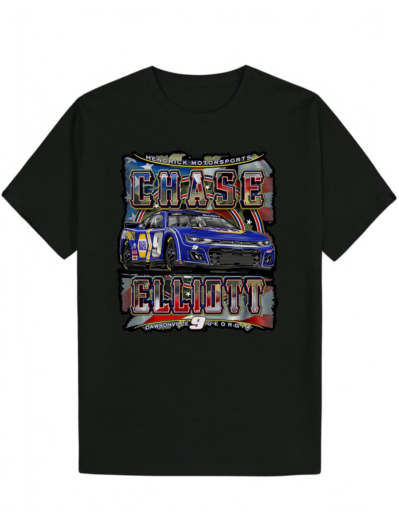 Crew Neck Polyester T-shirt with  CHASE ELLIOTT  Graphic Design - Blue Sports Car Print M