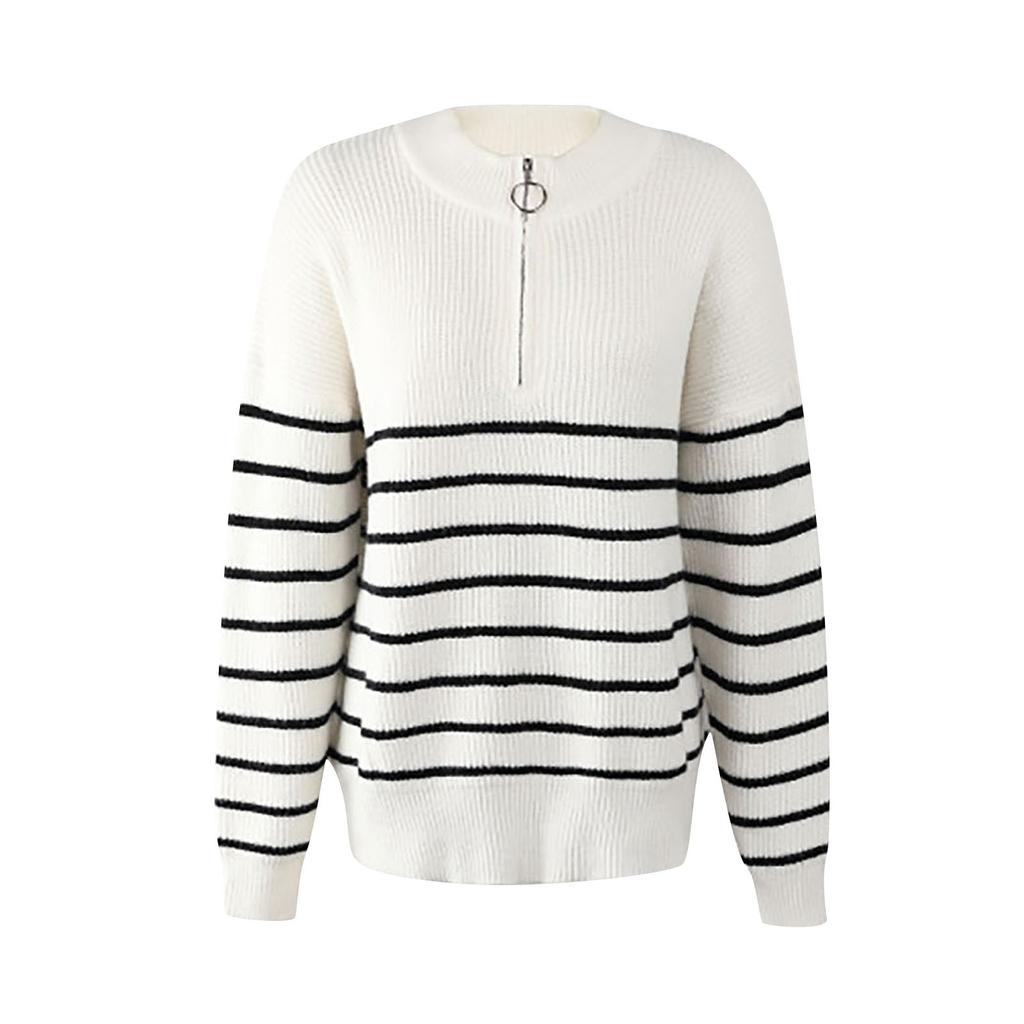 Damski modny sweter w paski z półgolfem i zamkiem na piersi