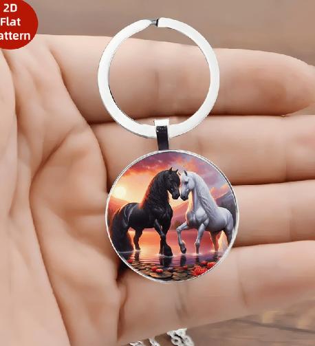 

Round pendant keychain with a running horse design one size