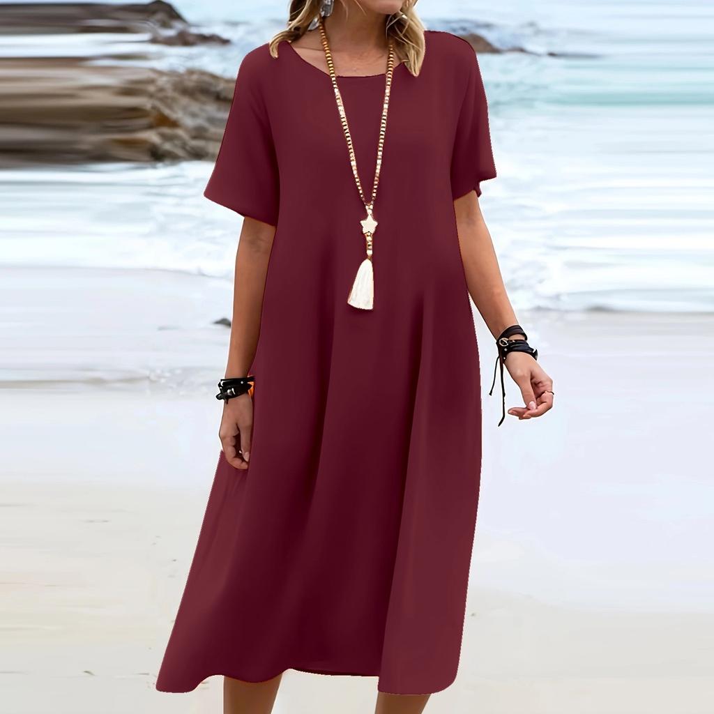 Ladies' Fashionable Vacation Solid Color Casual Round Neck Short Sleeved Loose Dress