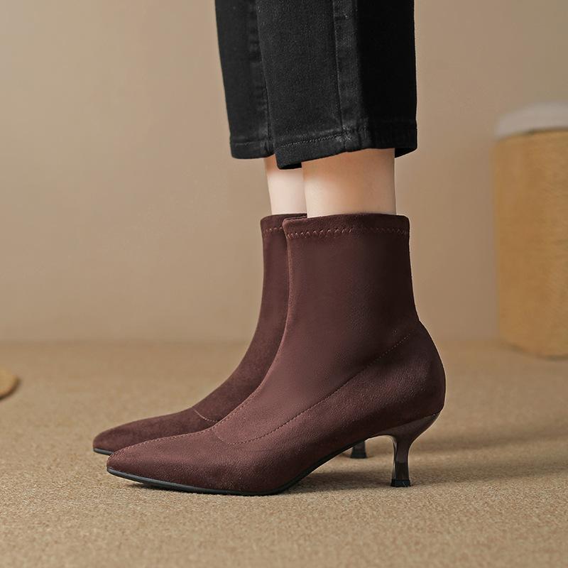 Winter Explosion~ Elastic Thin Boots French Suede Thin Heel Socks Boots Pointed Boots Ins Wind Korean Version Short Boots
