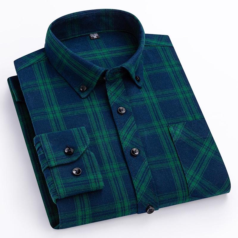 Men's Plus Size Pure Cotton Brushed Plaid Long Sleeve Shirt - Business Casual & Breathable