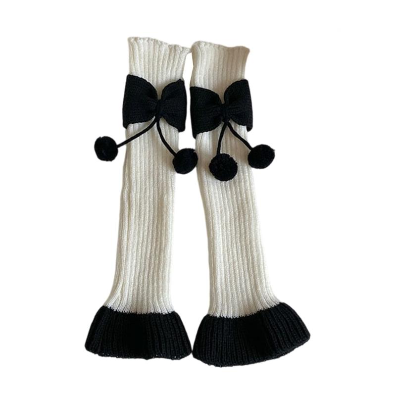 Fashionable Women's Leg Warmers Ribbed Socks Elastic Lace Trim with Cute Bows and Fuzzy Ball Winter Accessories