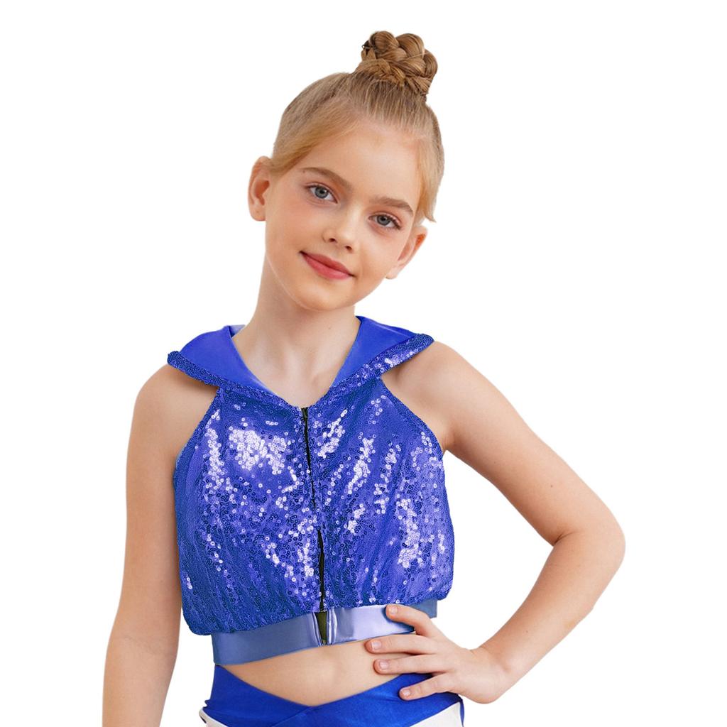 Sparkling Sequins Hip-Hop Jazz Top: Sleeveless Backless Hooded Crop Top with Front Zipper for Stage Dance Costume