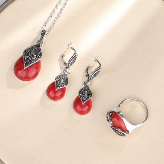 Vintage Leaf Faux Turquoise Pendant Necklace Ring Leaverback Earring Jewelry Set