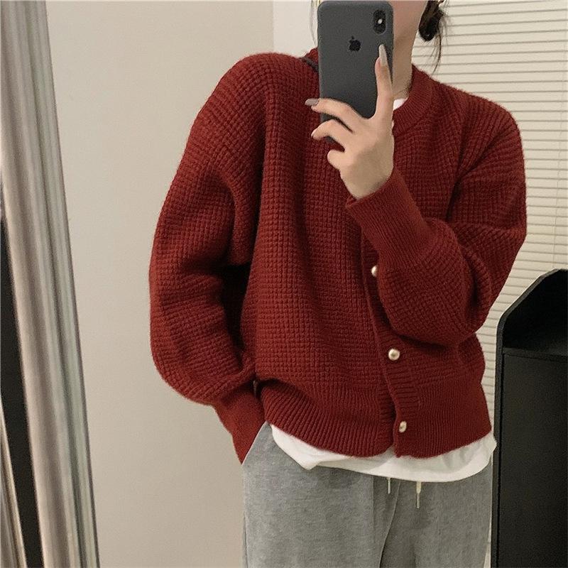 

Вафельный трикотажный свитер с круглым вырезом женский мягкий восковой осенне-зимний новый однотонный однобортный кардиган с длинным рукавом модный One Size бордовый