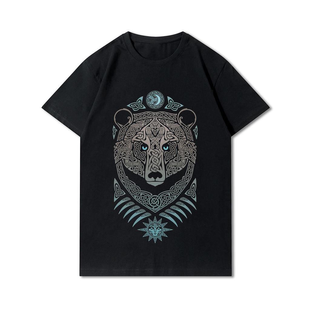 100% Cotton Summer Men T Shirts Viking Vintage Skull Beard with Headphone Printed Casual Top Tees