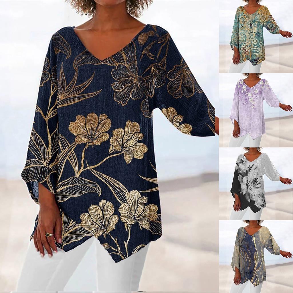 Women's Casual Solid Color Printed V-Neck Loose Irregular Hem Mid-Long Sleeve Top