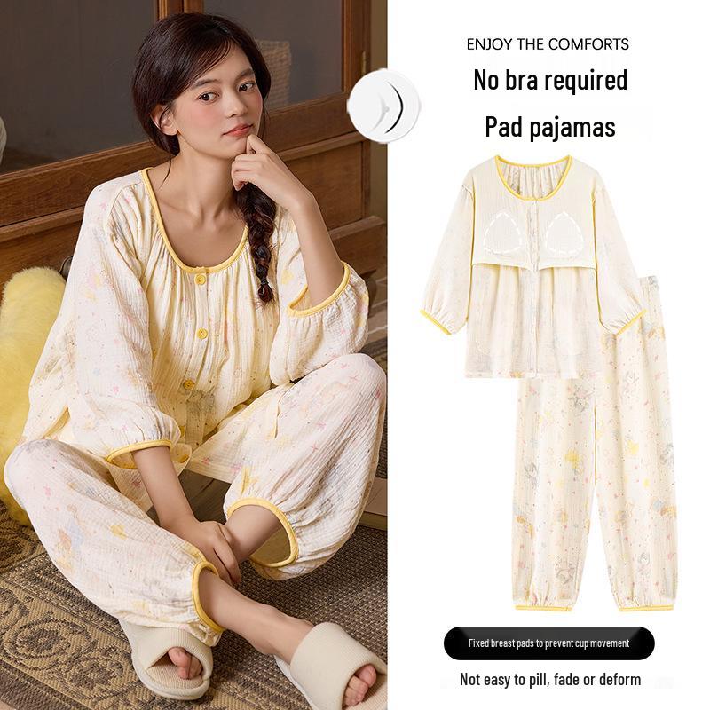

2026 Spring/Summer Women s Pajama Set: Built-in Bra, Cloud Cotton, 3/4 Sleeves, Long Pants, Versatile for Home or Outdoor Wear. XL - Recommended for 120-140 jin