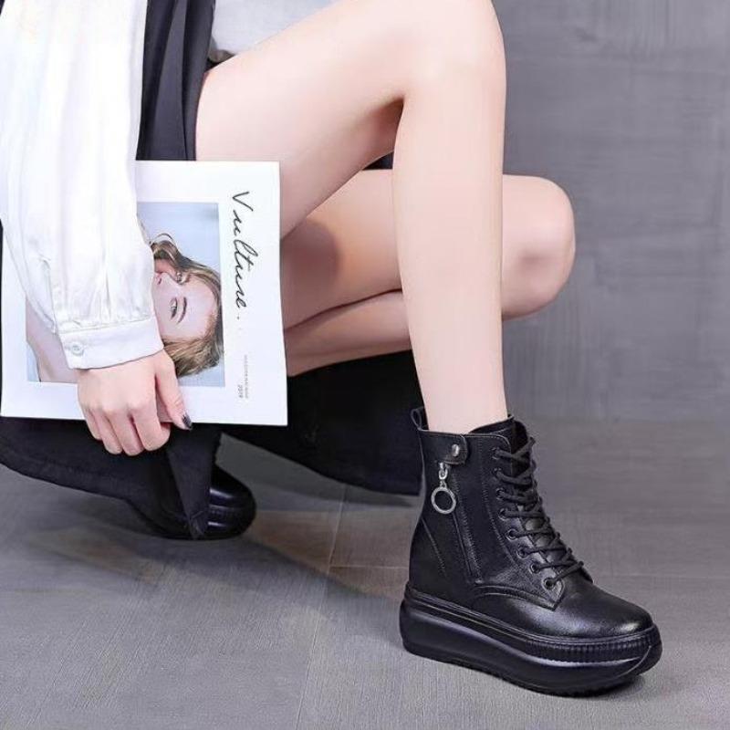 Fashion New 8cm Height Increasing Ankle Boots For Women Real Cowhide Chunky Platform Casual Short Boots Autumn Winter Warm Shoes Black