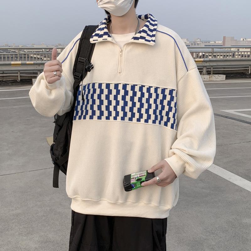 Retro Color Block Waffle Sweatshirt: Men's Half-Zip Polo Jacket for Spring and Autumn.