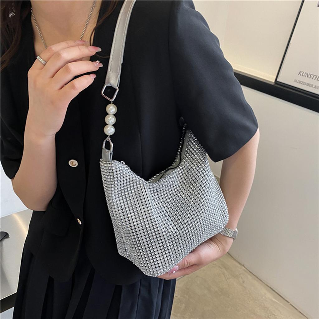 Okouzlující večerní taška na rameno pro ženy Lesklá kamínková PVC měkká úprava Perlový popruh Zip Na párty Gala Events Kabelka