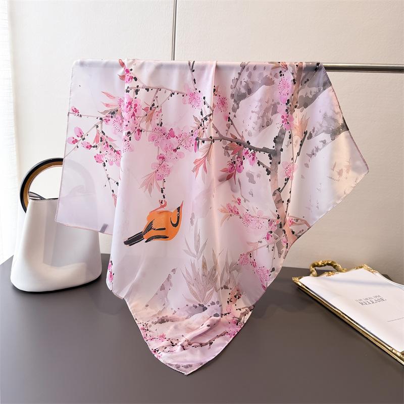 71Cm Small Square Scarf Imitation Silk Scarf Headscarf Flower and Bird Yingchun Printing Neck Protection Scarf Professional Versatile Scarf Scarf Scar