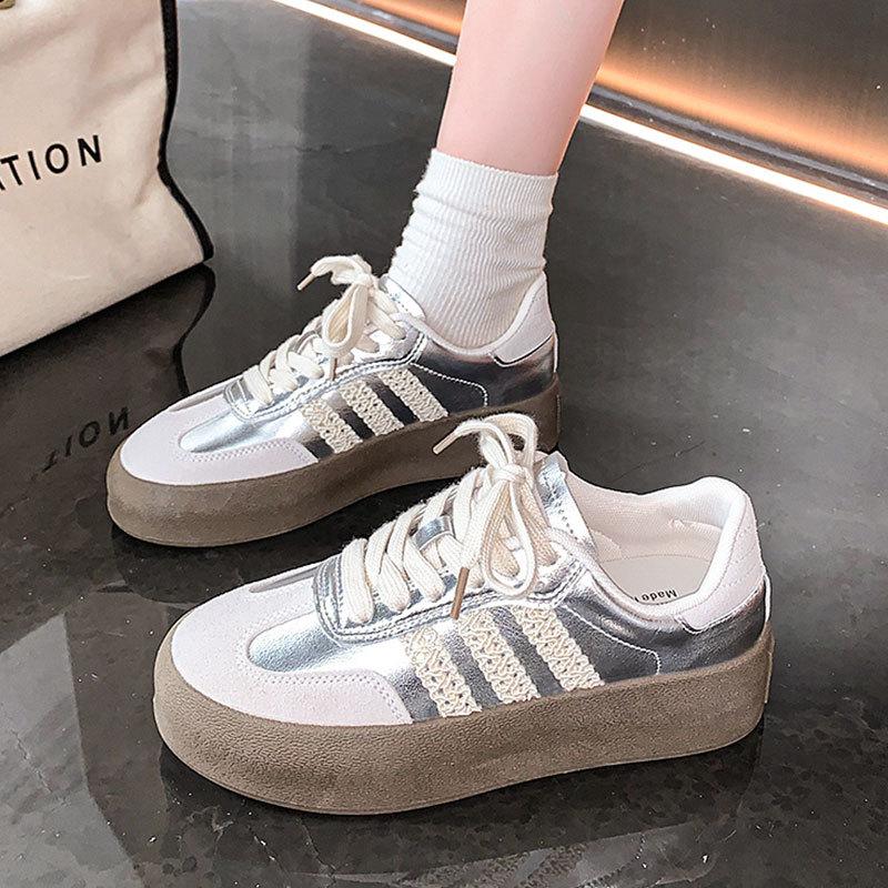 Dexun shoes women's silver new spring platform heightening small lace casual retro sports board shoes
