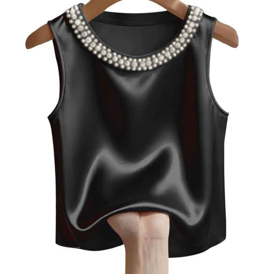 

Women Vest Round Neck Imitation Pearls Decor Sleeveless Tops Smooth Satin Soft Tops Loose Fit Casual Tops Party Vacation Daily Wear S чорний