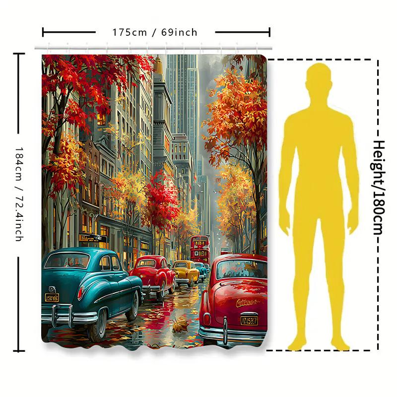 Autumn Cityscape Shower Curtain Vintage Cars Rain Trees Waterproof Fabric For Modern Bathroom Decor Easy To Clean And Maintain