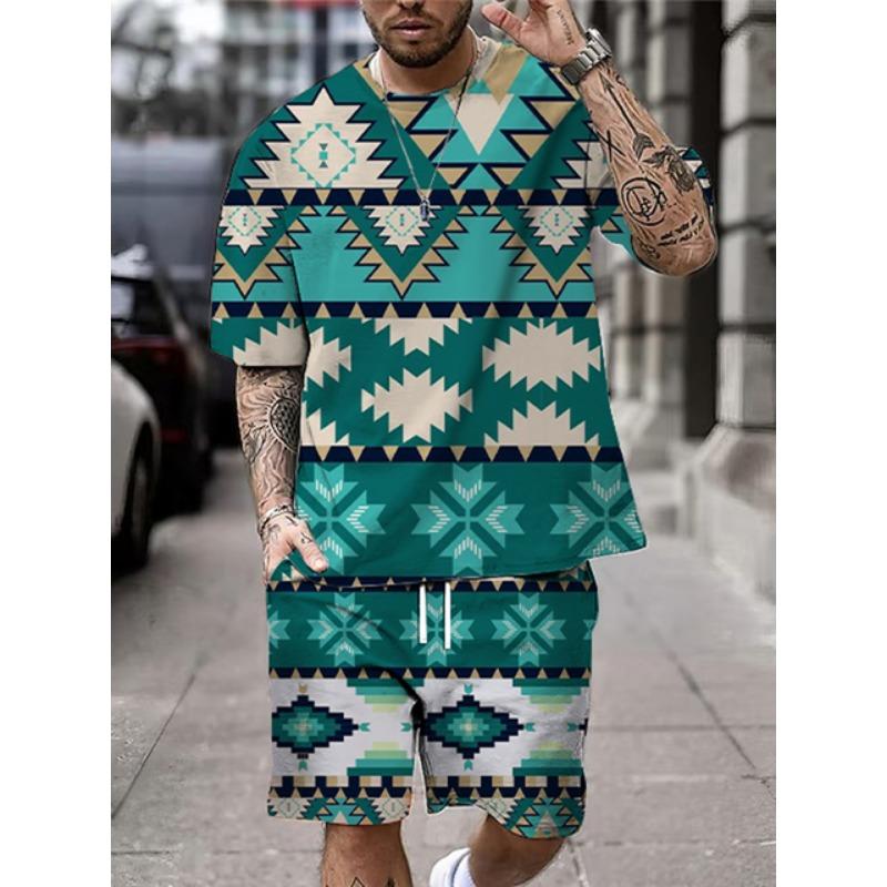 2025 New Summer Men's Short Sleeve Shorts Set Street Everyday Casual Men's T-Shirt Outdoor Fashion Loose Shorts Bohemian Print