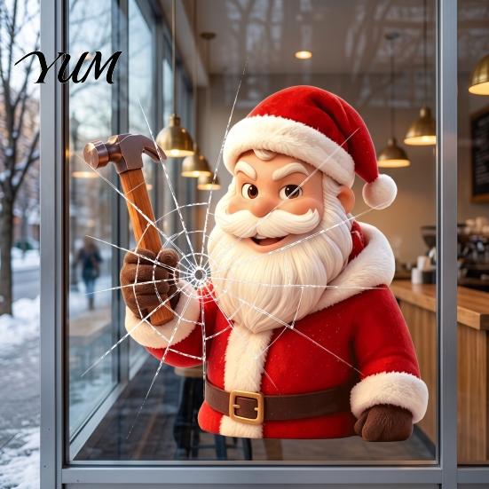Store Window Display Christmas Santa Claus Static Glass Sticker, Removable Reusable PVC Clings for Living Room Bedroom Holiday Party Decoration Broken