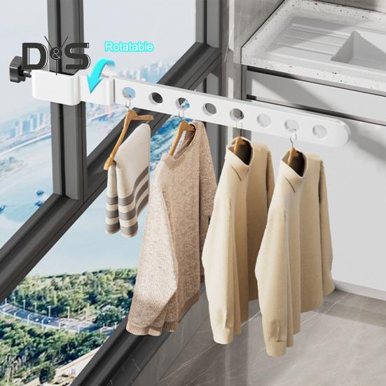 Foldable Clothes Hanger Rack with Adjustable Clamp Window Mount Rotatable Heavy Duty Indoor Balcony Clothing Drying Holder Organizer