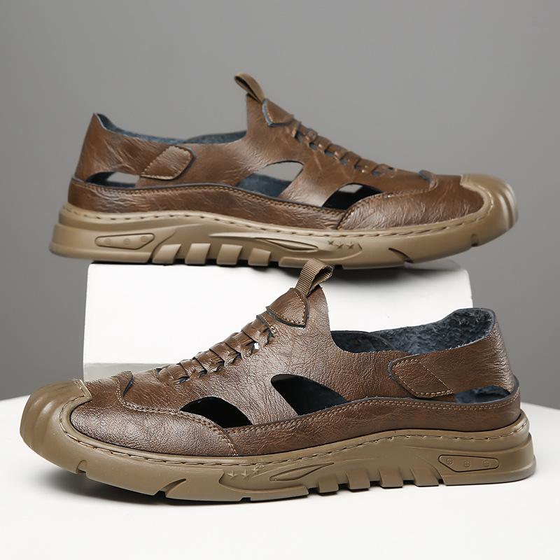 2025 summer new men's hand-stitched leather sandals hollow breathable hole shoes soft leather soft sole 6629